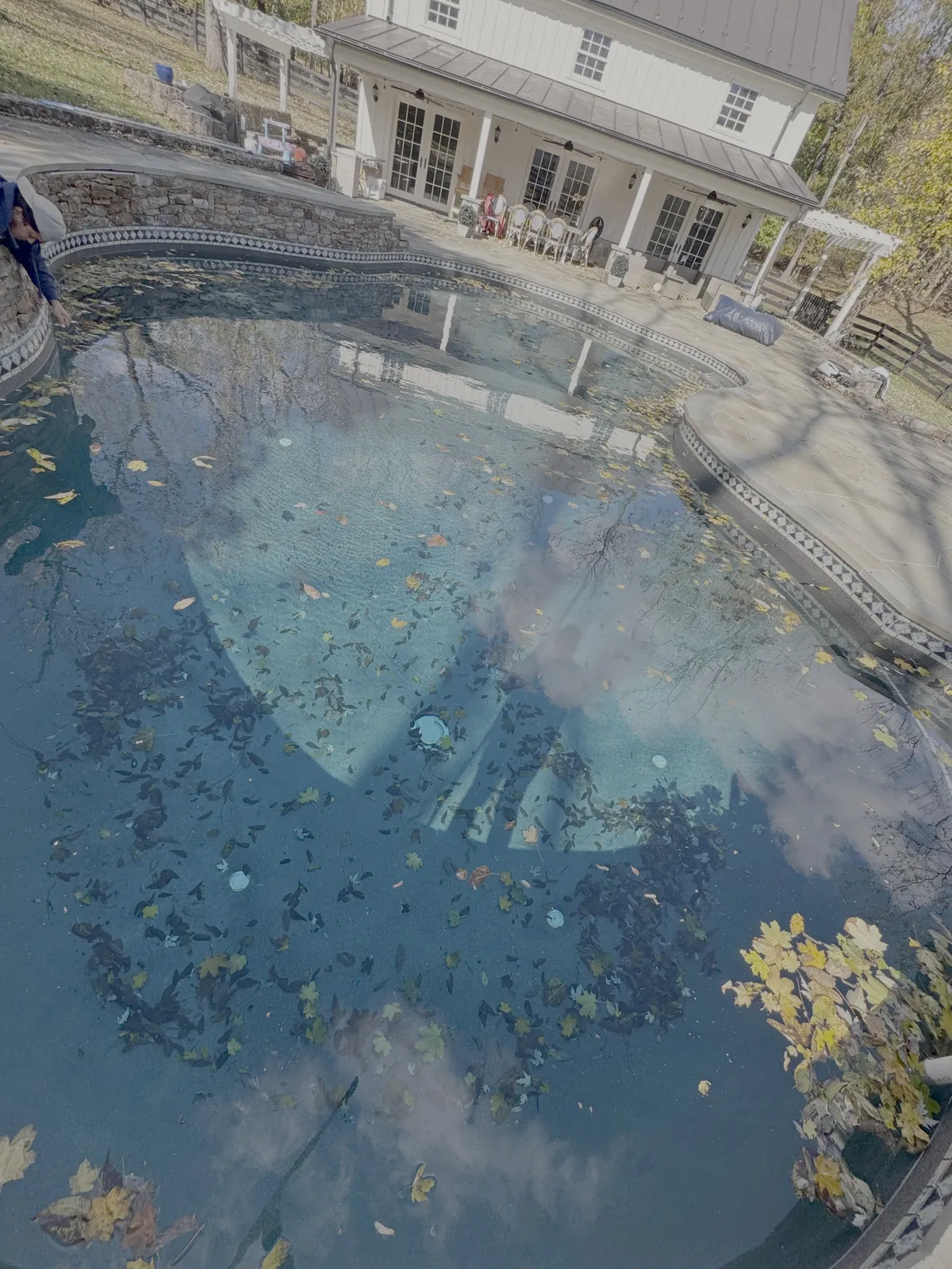 Neglected pool with heavy debris before deep cleaning and restoration